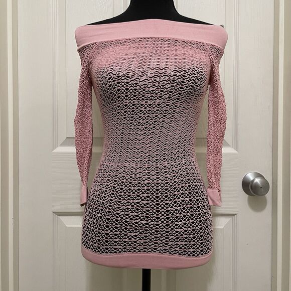 Vintage Arden B Fishnet Off Shoulder Pink Mesh Top Club Y2K Baddie USA NWT S - M - Picture 1 of 6